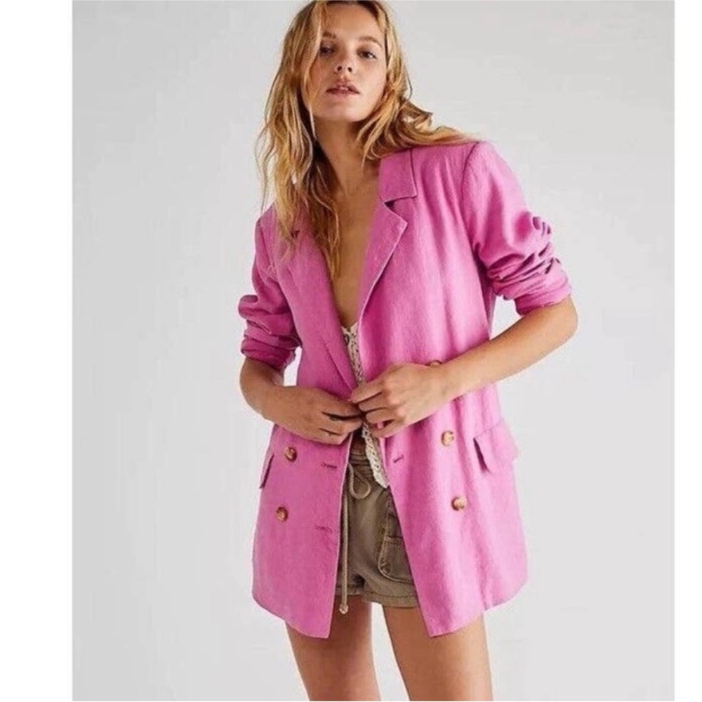 Free People Olivia Double Breasted Pink Linen Blend Blazer